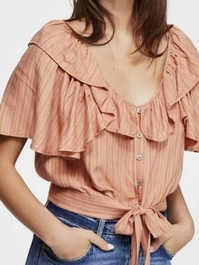 Free People Striped Ruffle Tie-Front Crop Top in Dusty Peach Size L